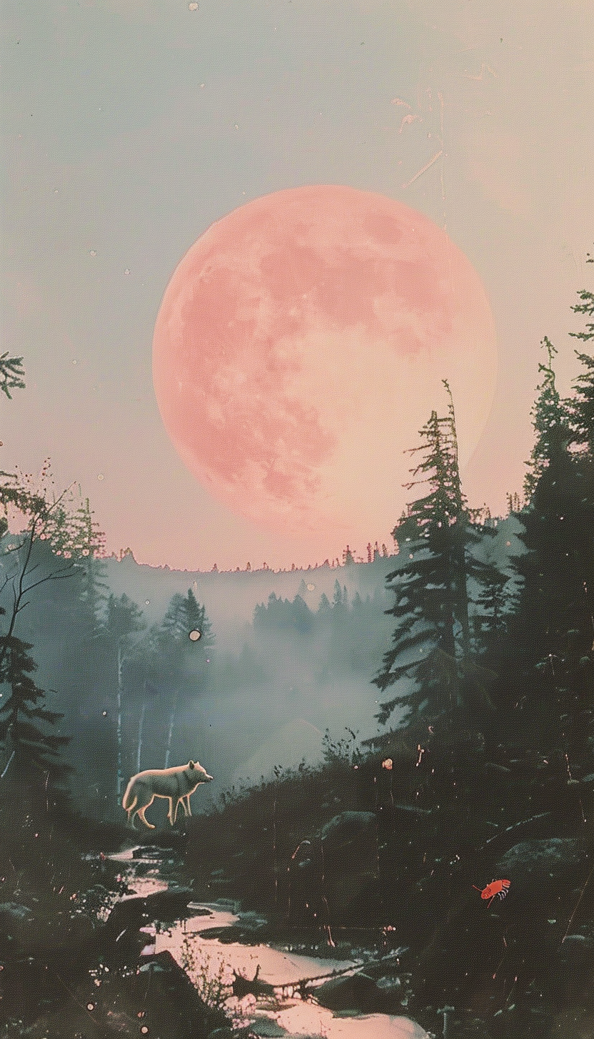 Glowing moon in forest with wolves howling, red crayfish.