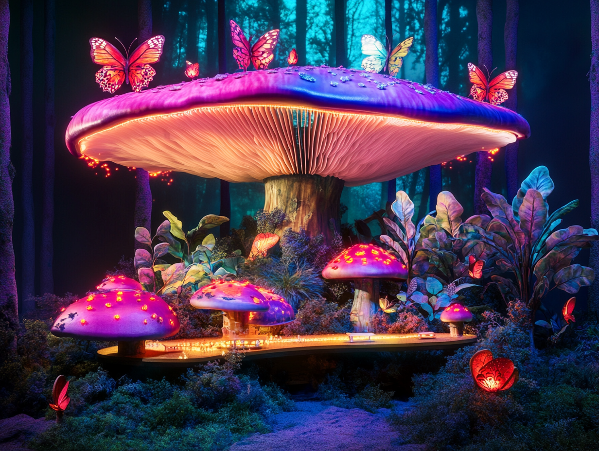 Glowing plants, butterflies on mushroom in forest, dreamlike setting.