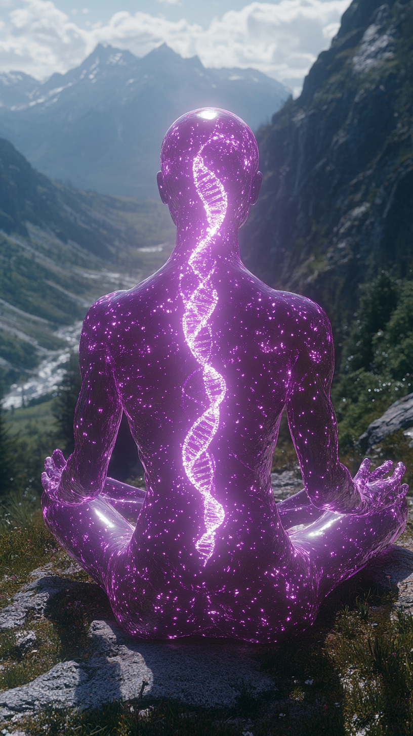 Glowing purple figure meditating in cosmic mountain valley.