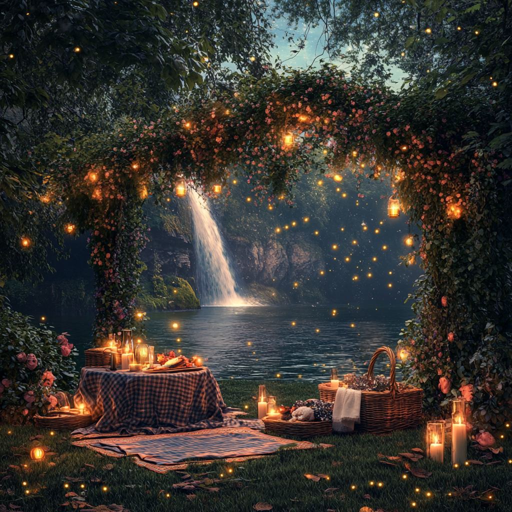 Glowing river with waterfall, flower arch picnic, fireflies