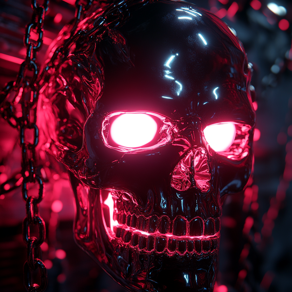 Glowing white-eyed glass skull in cyberpunk anime style.