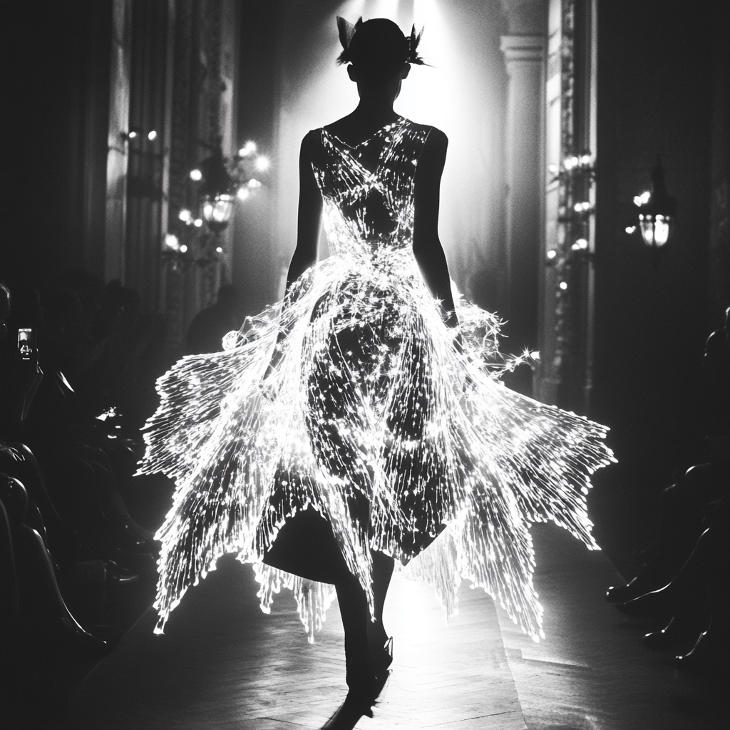 Glowing winged model in dreamlike runway isolation