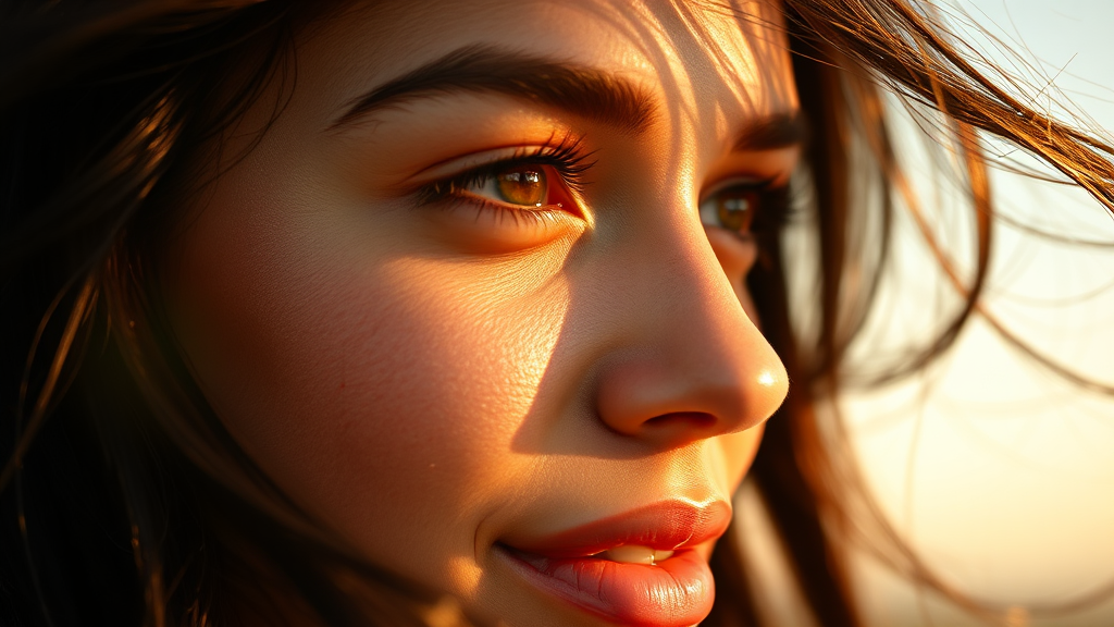 Glowing woman's sunlit face with rosy cheeks.