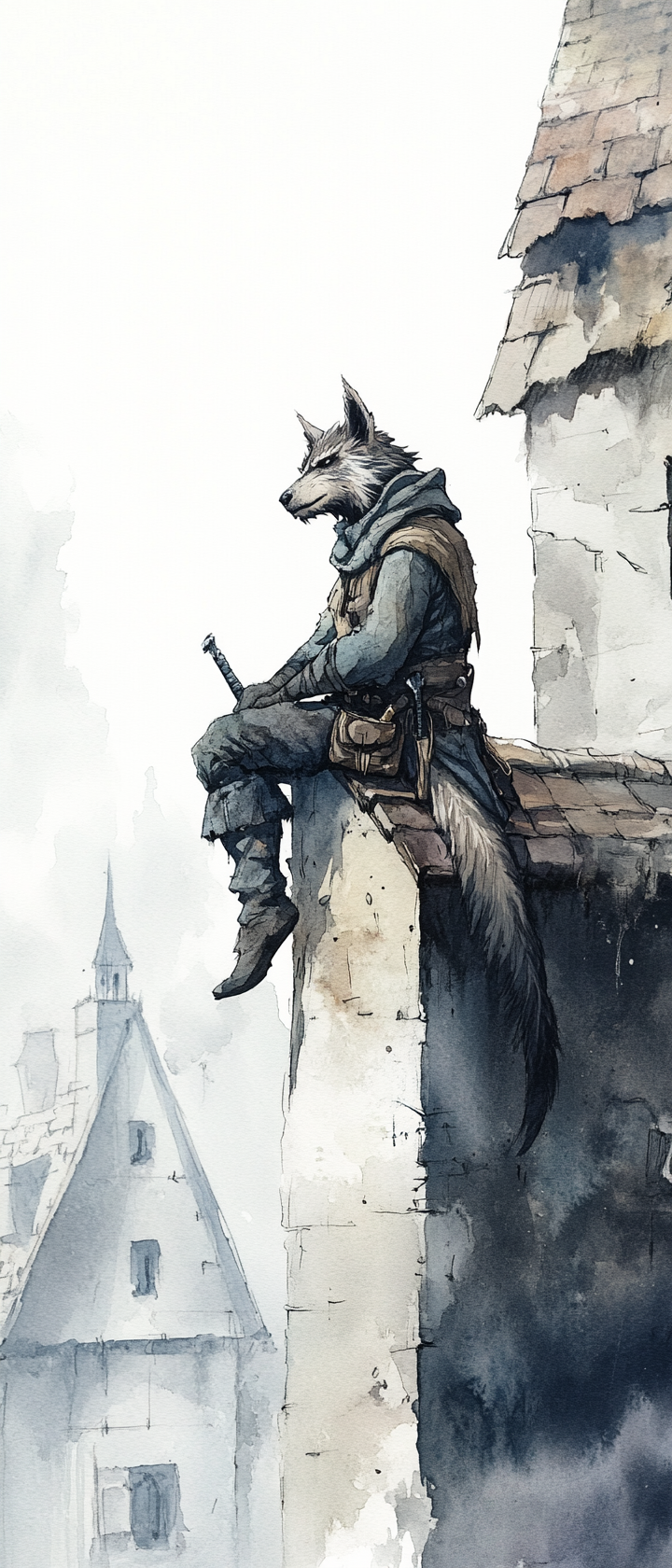 Gnoll ranger watches on rooftop in medieval city.