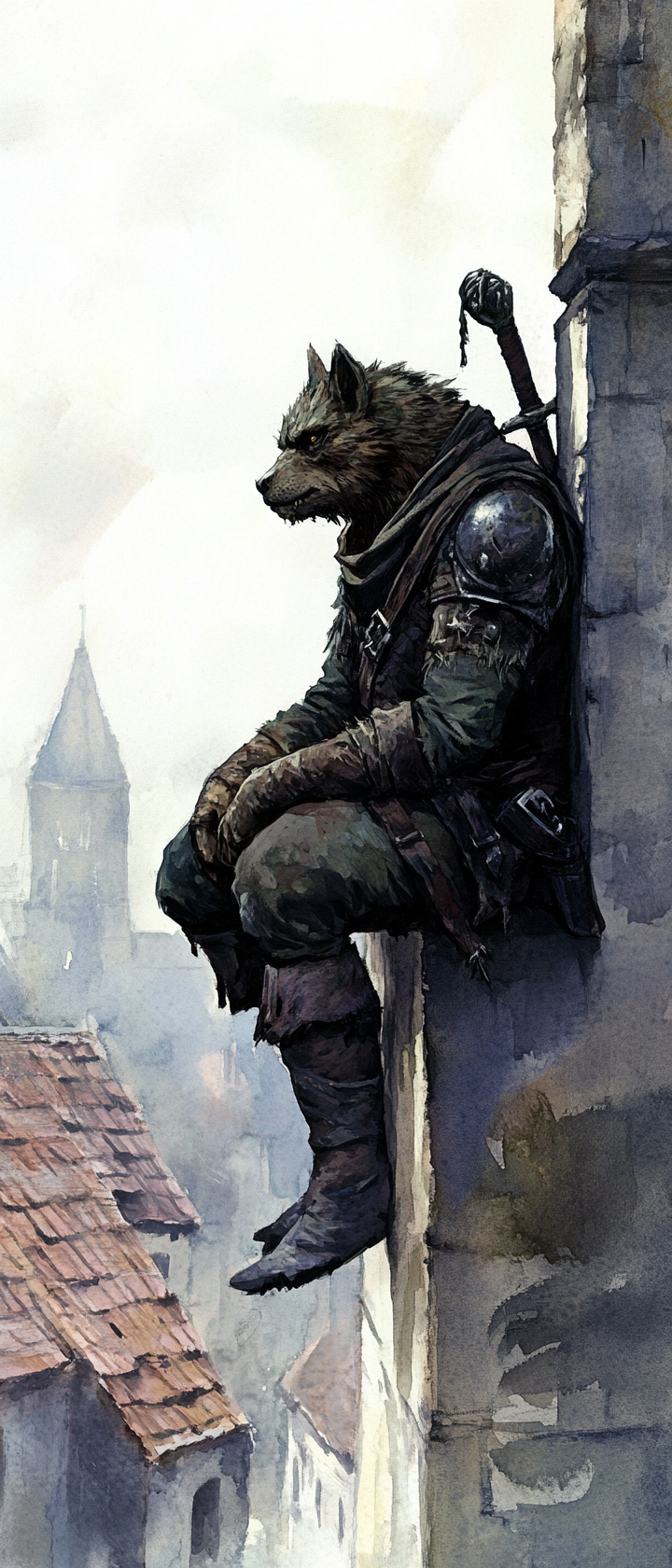 Gnoll ranger watches over eerie medieval city. Fluid watercolor.