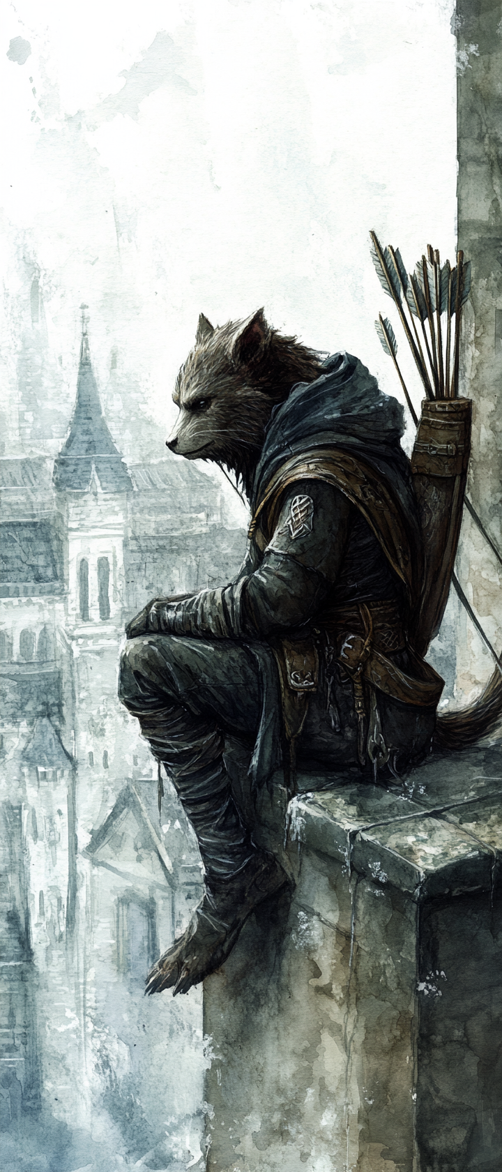 Gnoll ranger with bow on rooftop in medieval city.