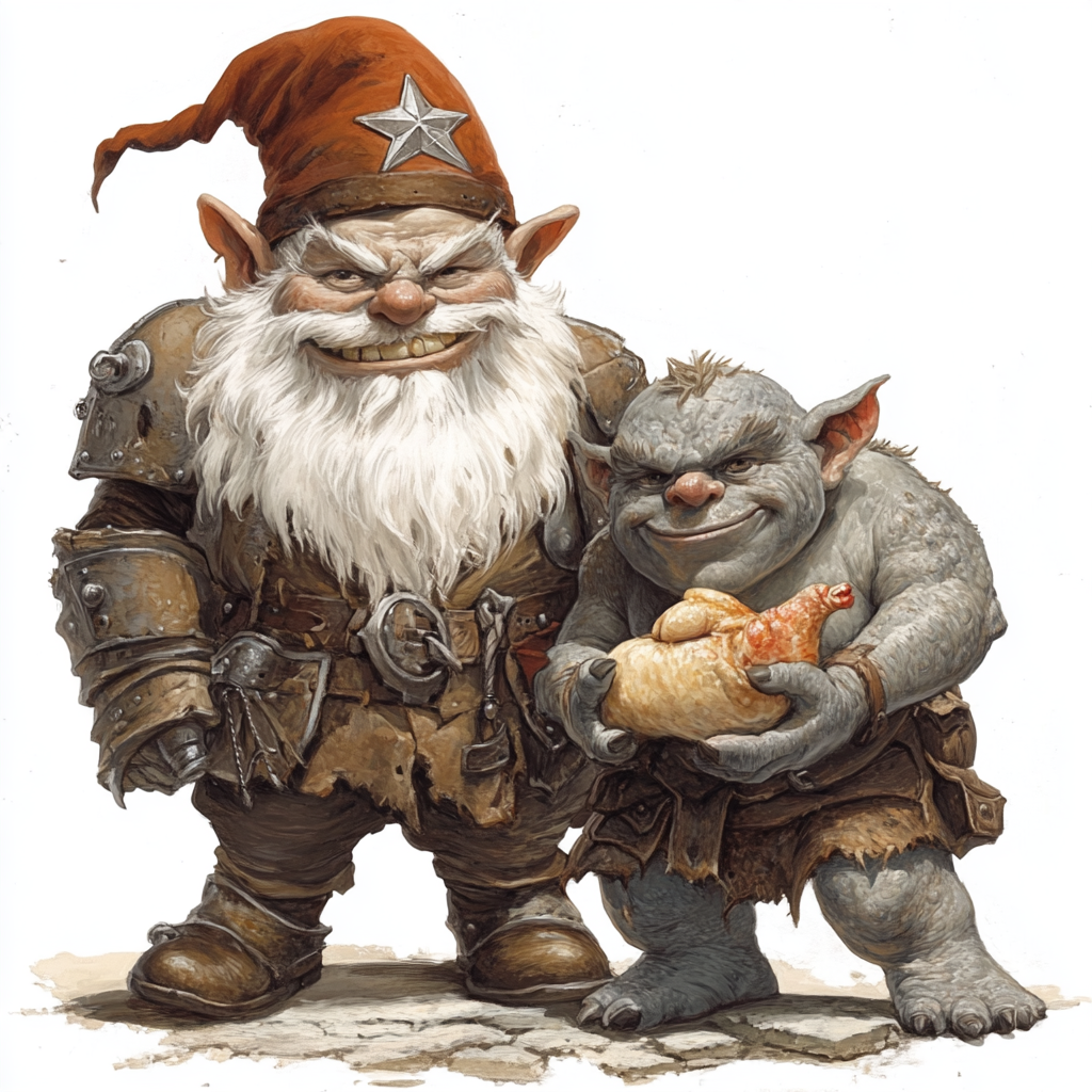 Gnome in Leather Armor & Sheriff Ogre Eating Chicken 