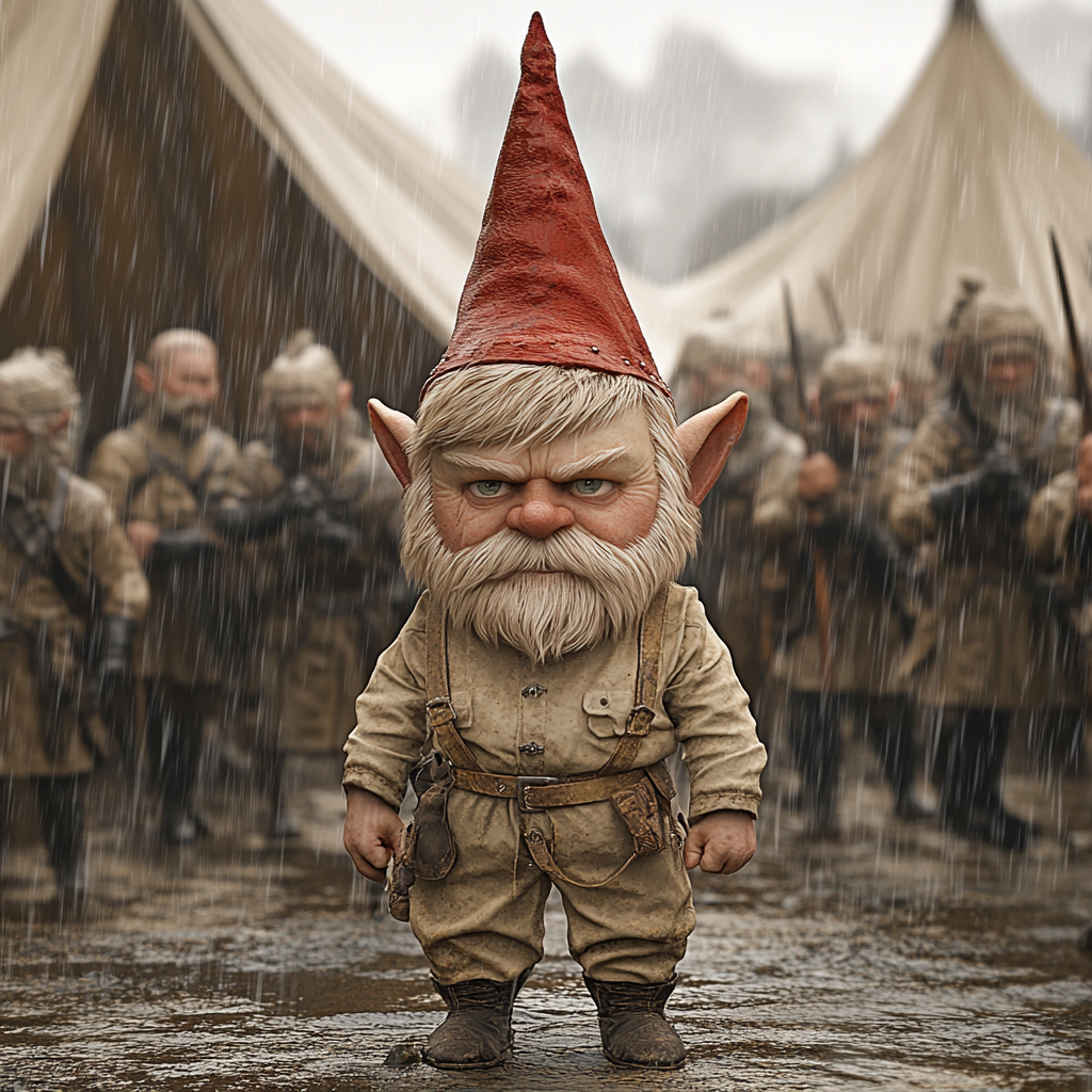 Gnome in coveralls in tent with fantasy soldiers outside.