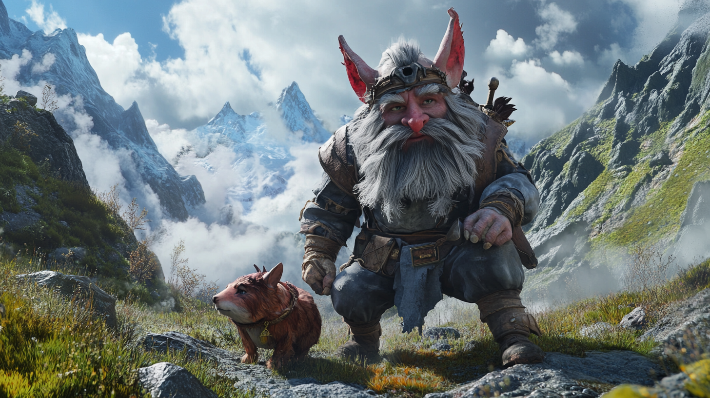 Gnome ranger with animal companion in dark fantasy mountains.