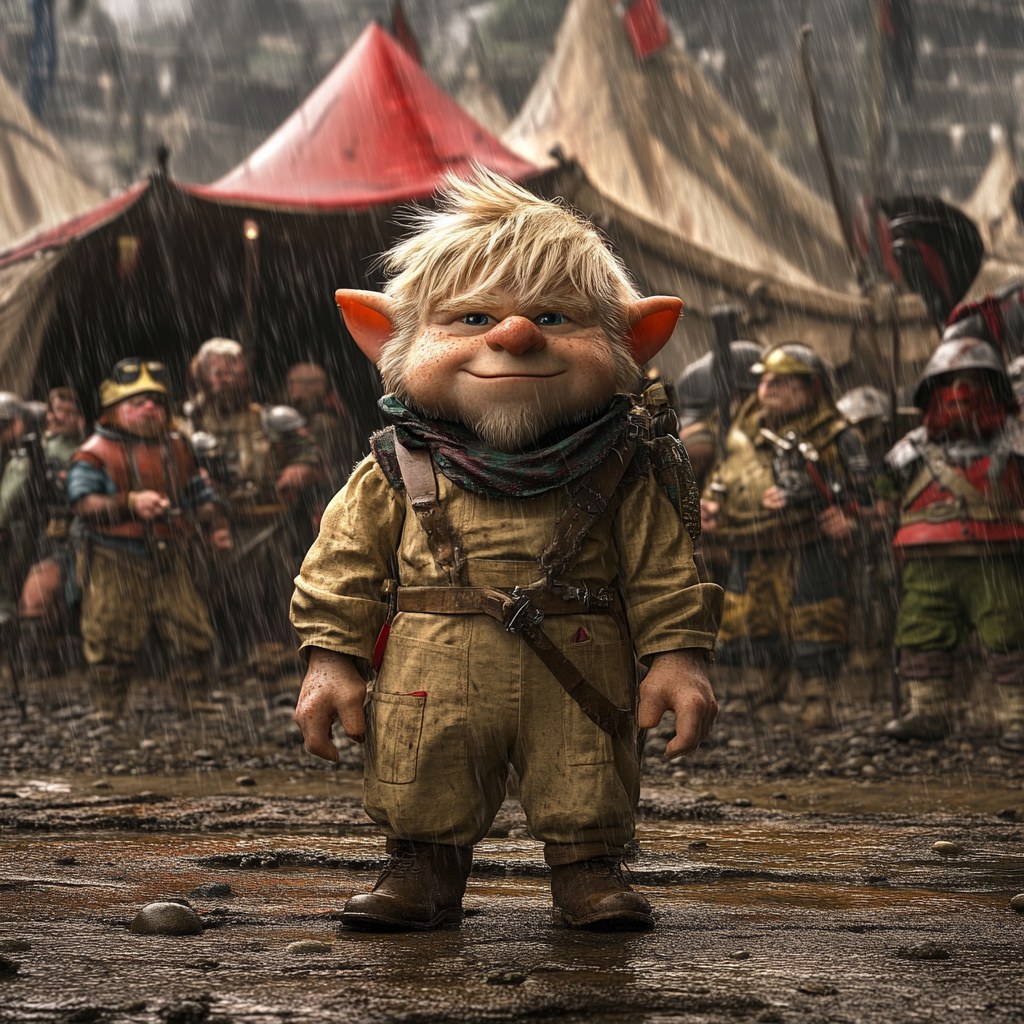 Gnome with blond hair in tent with soldiers in rain.