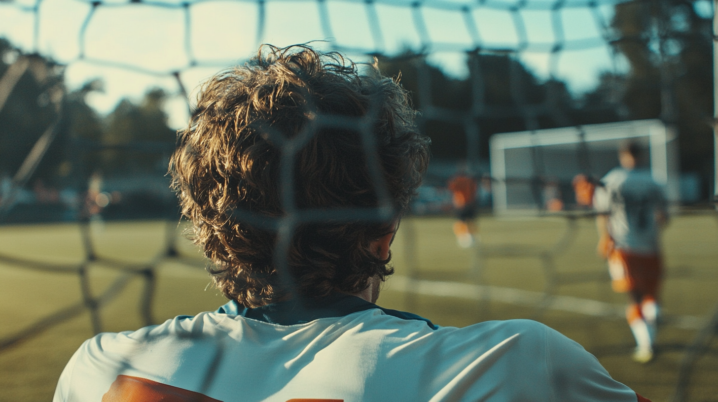 Goalie in position, game in background, dramatic setting.