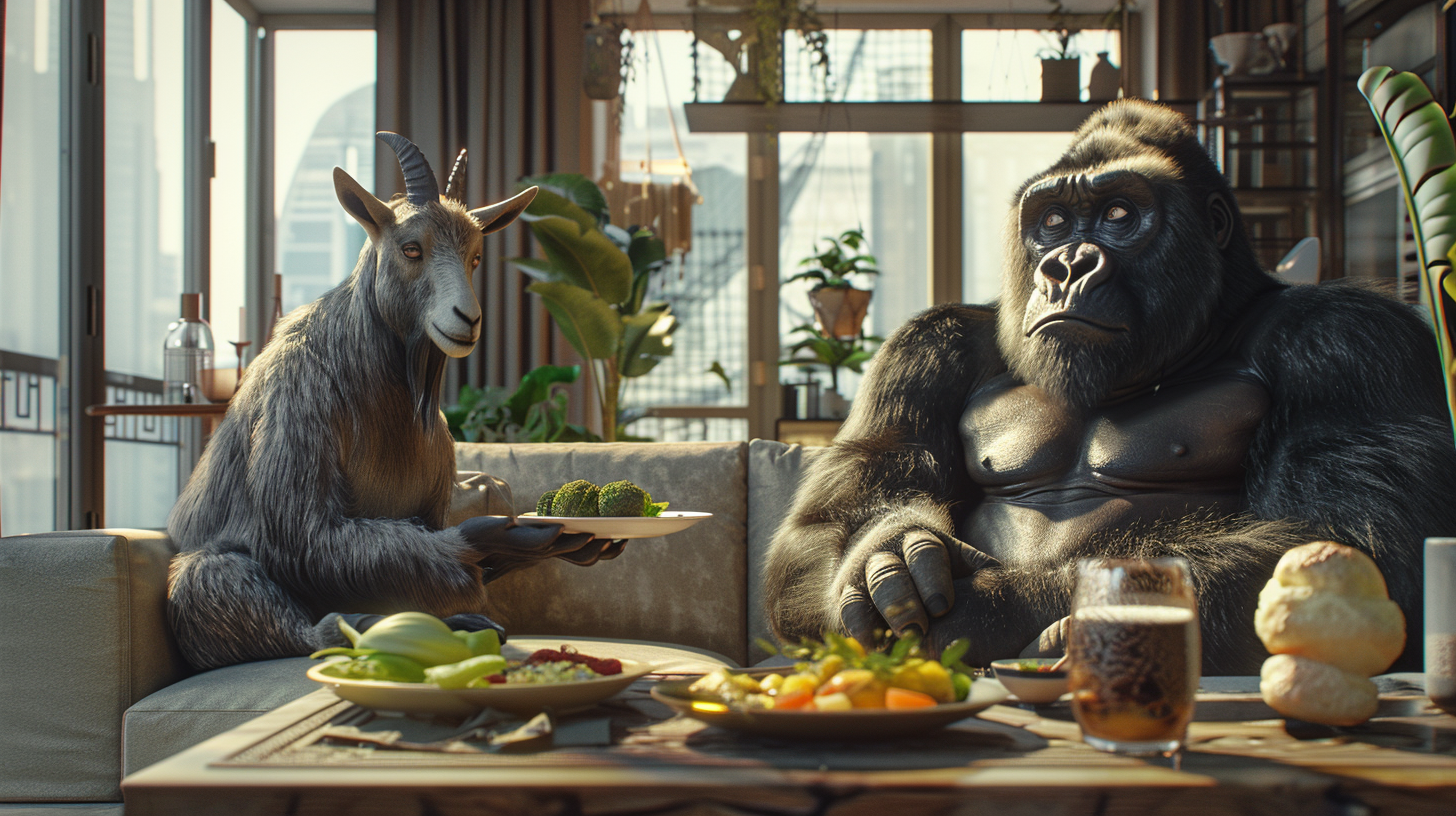 Goat and gorilla having meal in modern room.