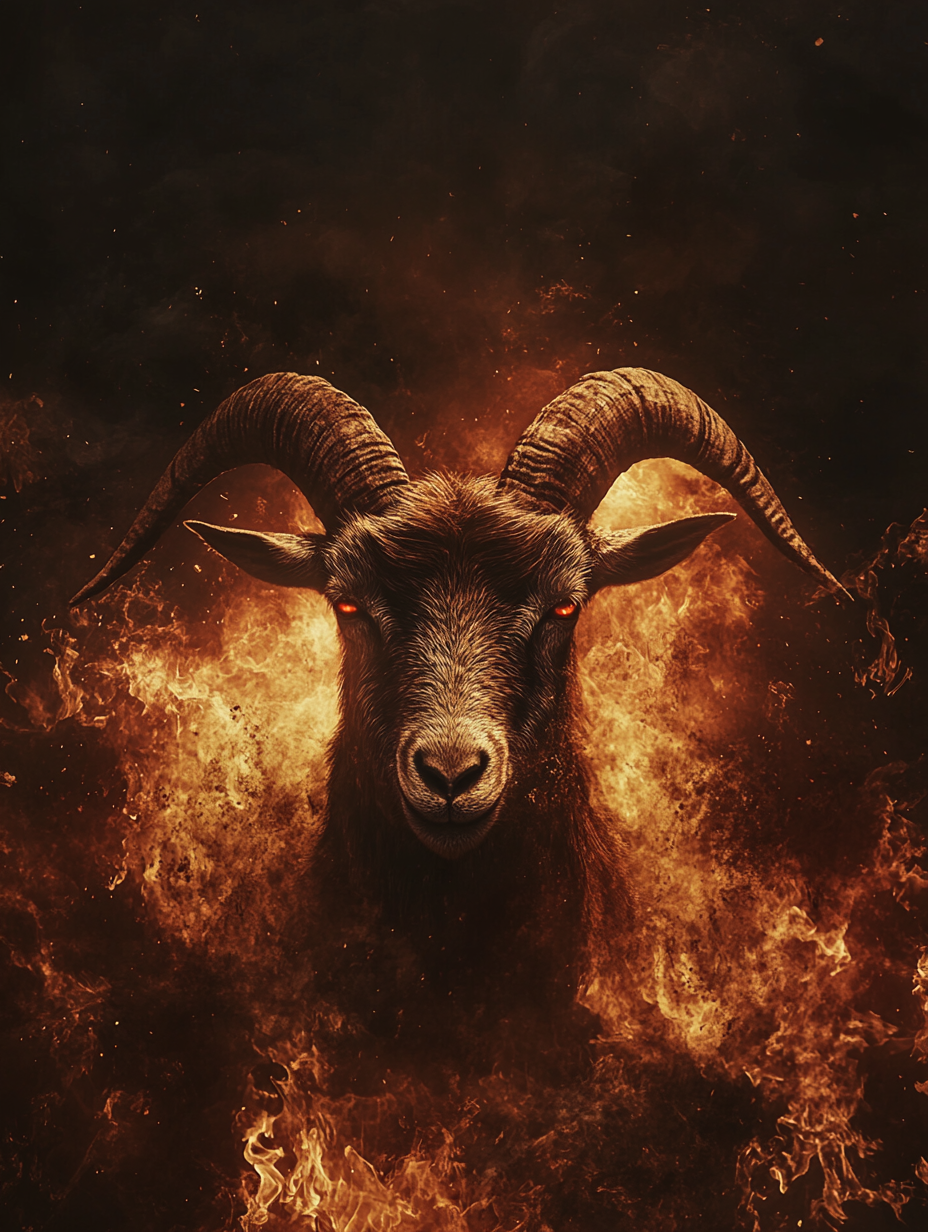 Goat facing apocalyptic demons in cinematic high resolution.