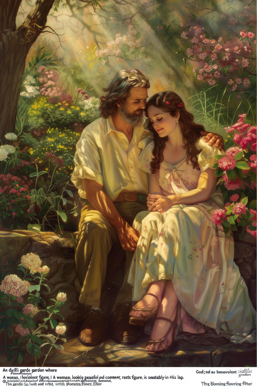 God comforts woman in lush garden; serene and harmonious.