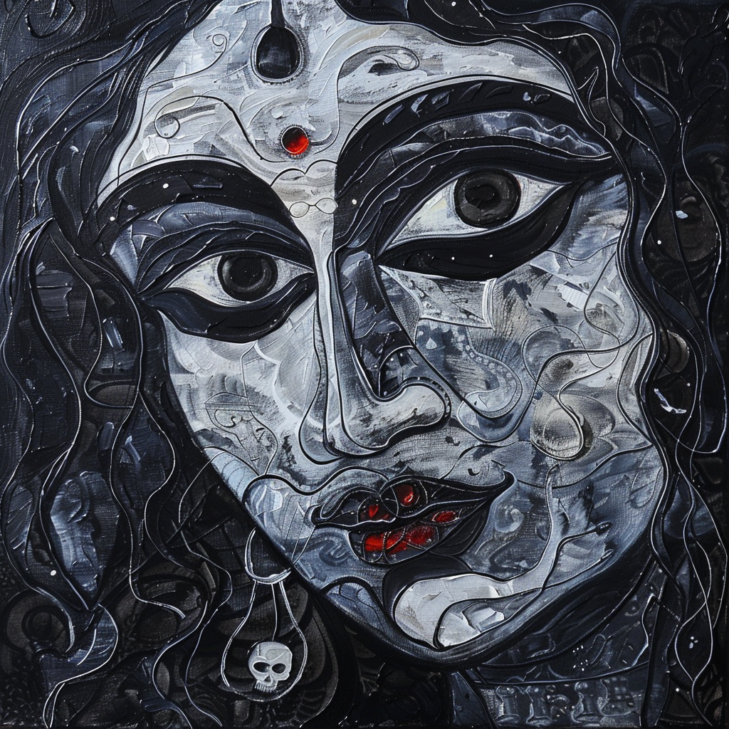 Goddess Kali in Picasso-style cubism, smiling with pride.