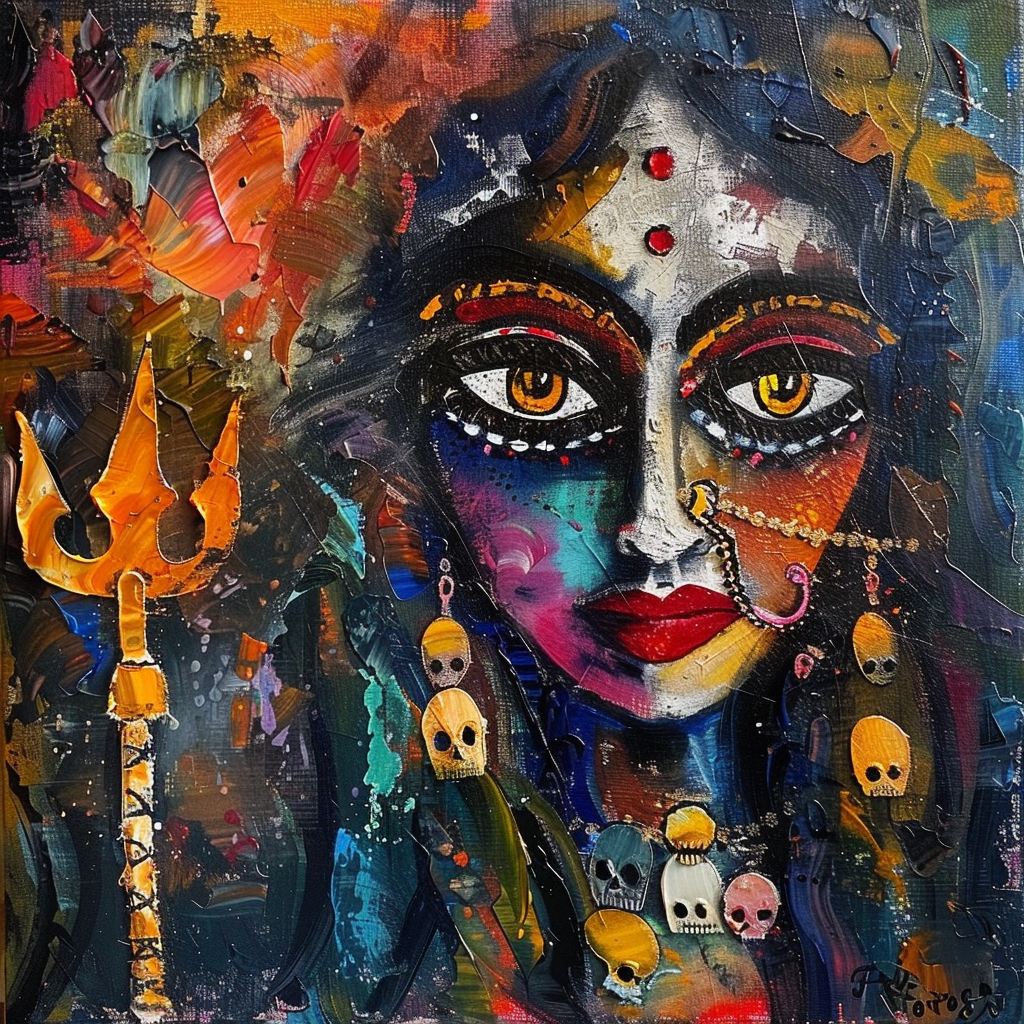 Goddess Kali in Picasso style cubism painting smiling proud.