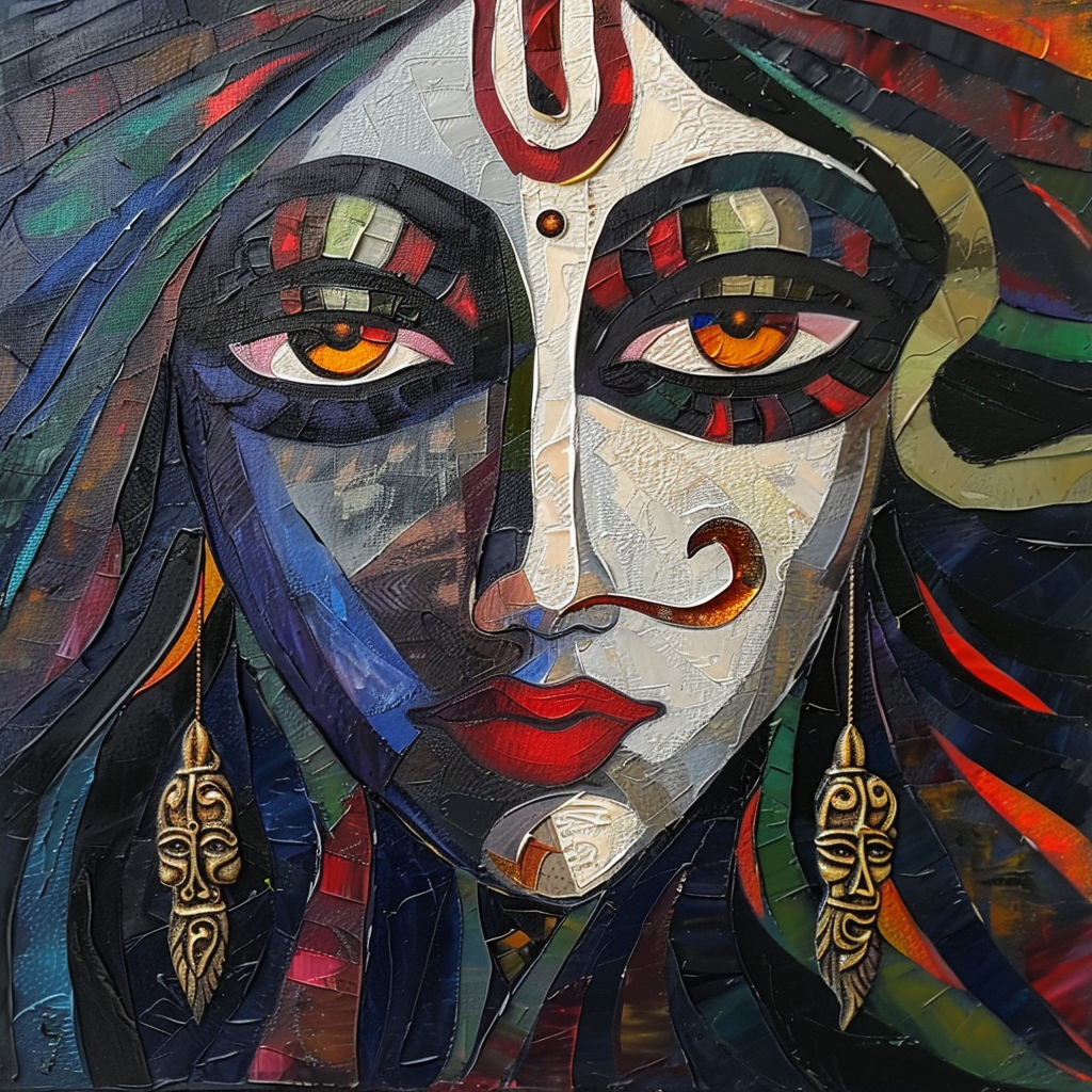 Goddess Kali in bold, colorful cubism painting style.