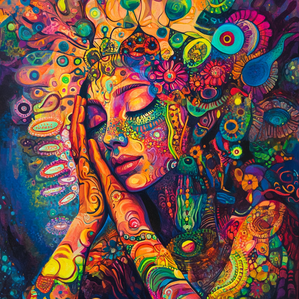 Goddess in vibrant colors, transcending through psychedelic mandala.