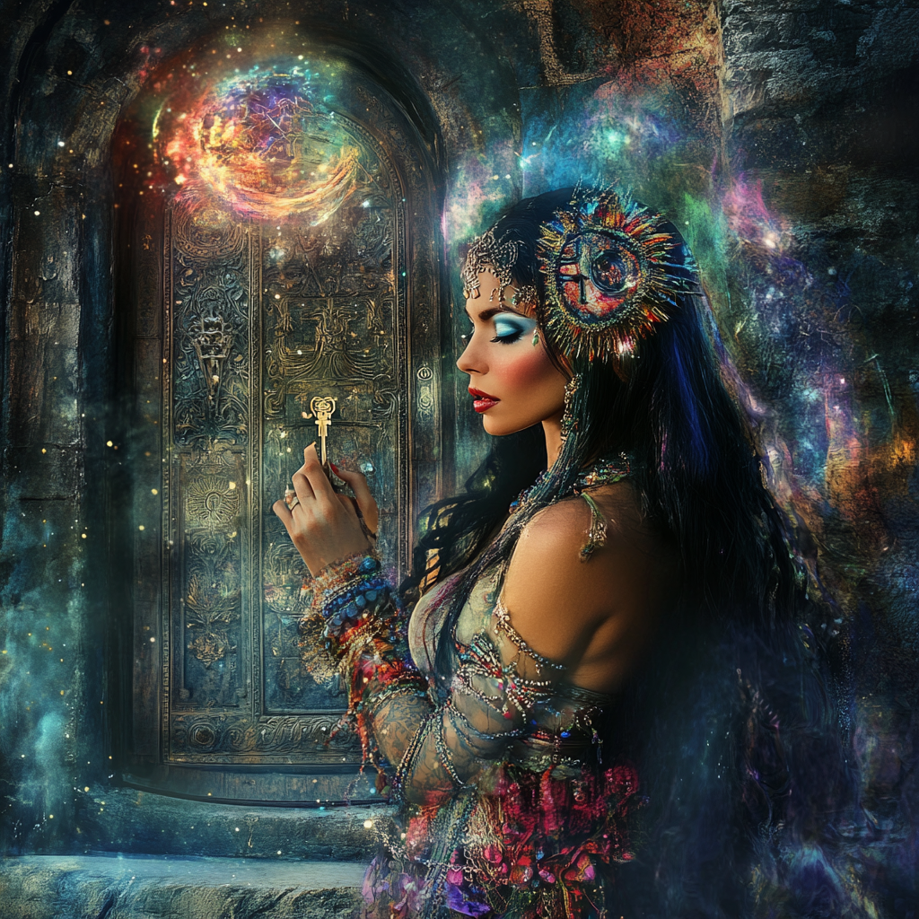 Goddess with key tempting with door to 5th dimension