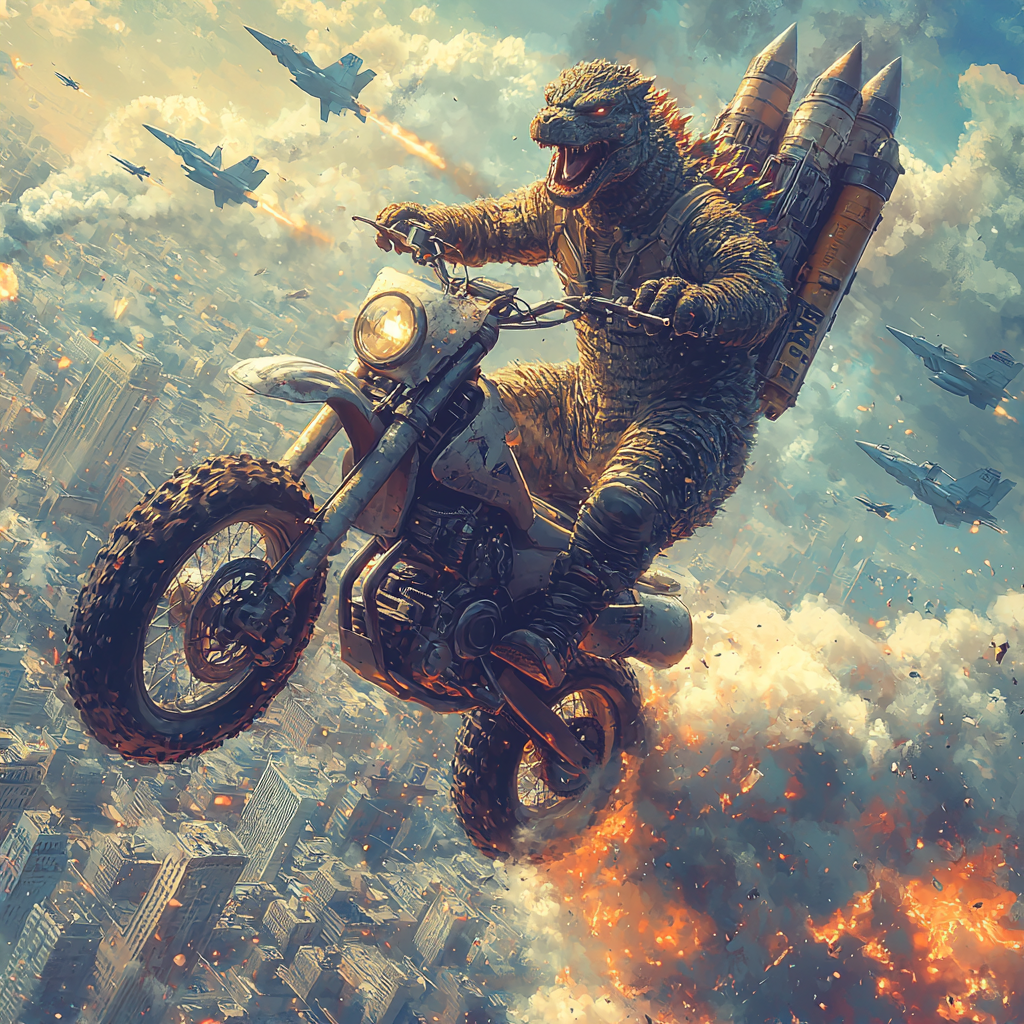 Godzilla on Dirtbike with Rocket Launcher Jumping Over Moon Cityscape 