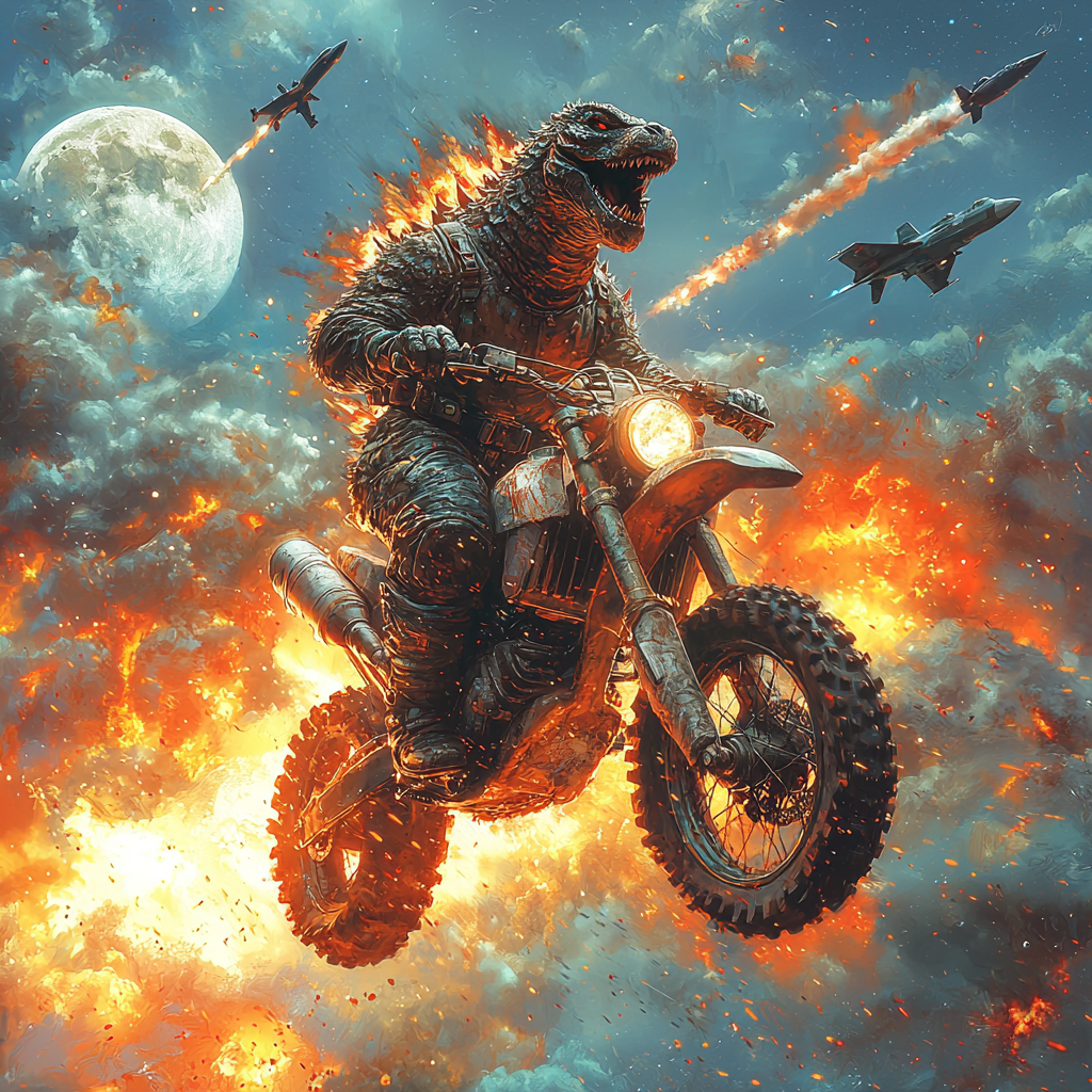 Godzilla on Dirtbike with Rocket Launcher in Space.