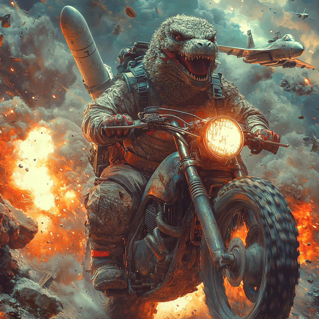 Godzilla on Dirtbike with Rocket Launcher on Moon