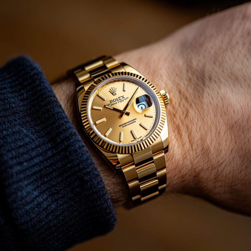 Gold Rolex watch on wrist, close-up view.