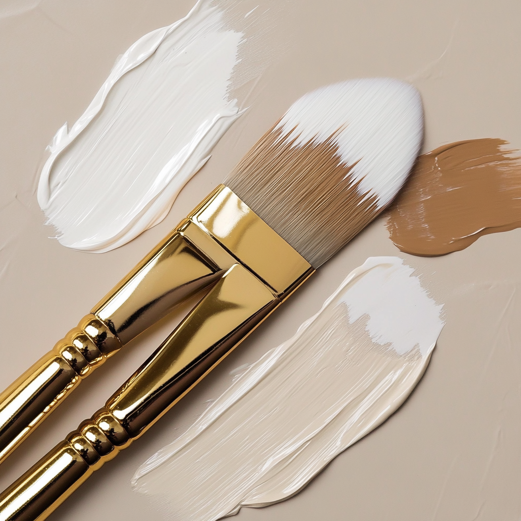 Gold-handled paintbrush with spilled shades of coffee and white.