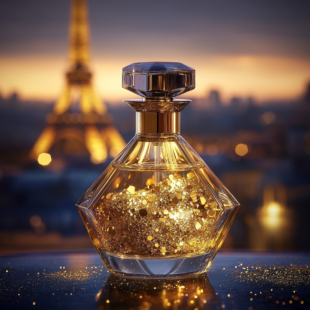 Gold particles in elegant French perfume bottle, historical landscape