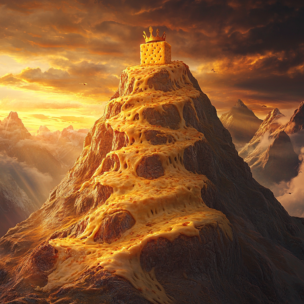 Golden, royal grilled cheese atop mountain, cinematic masterpice.