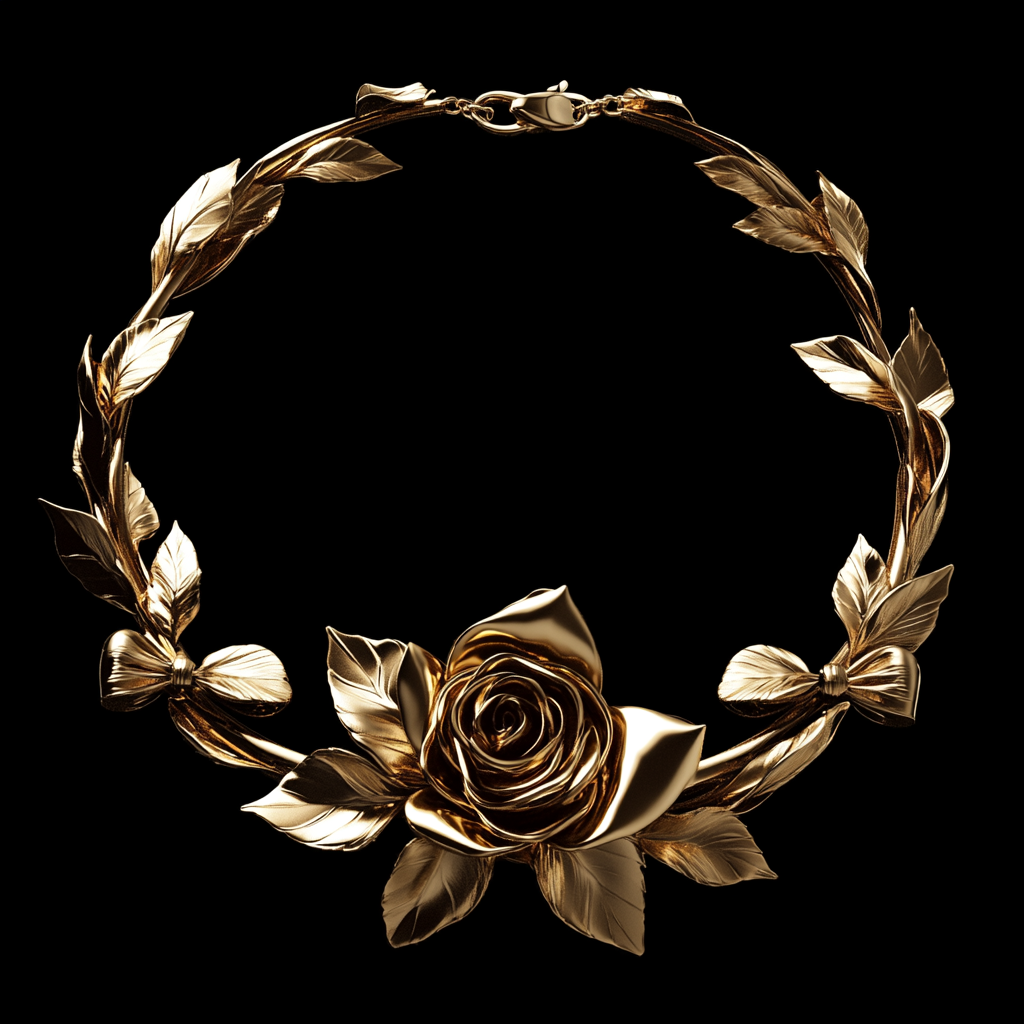 Golden 24K necklace with rose, bow tie shapes.