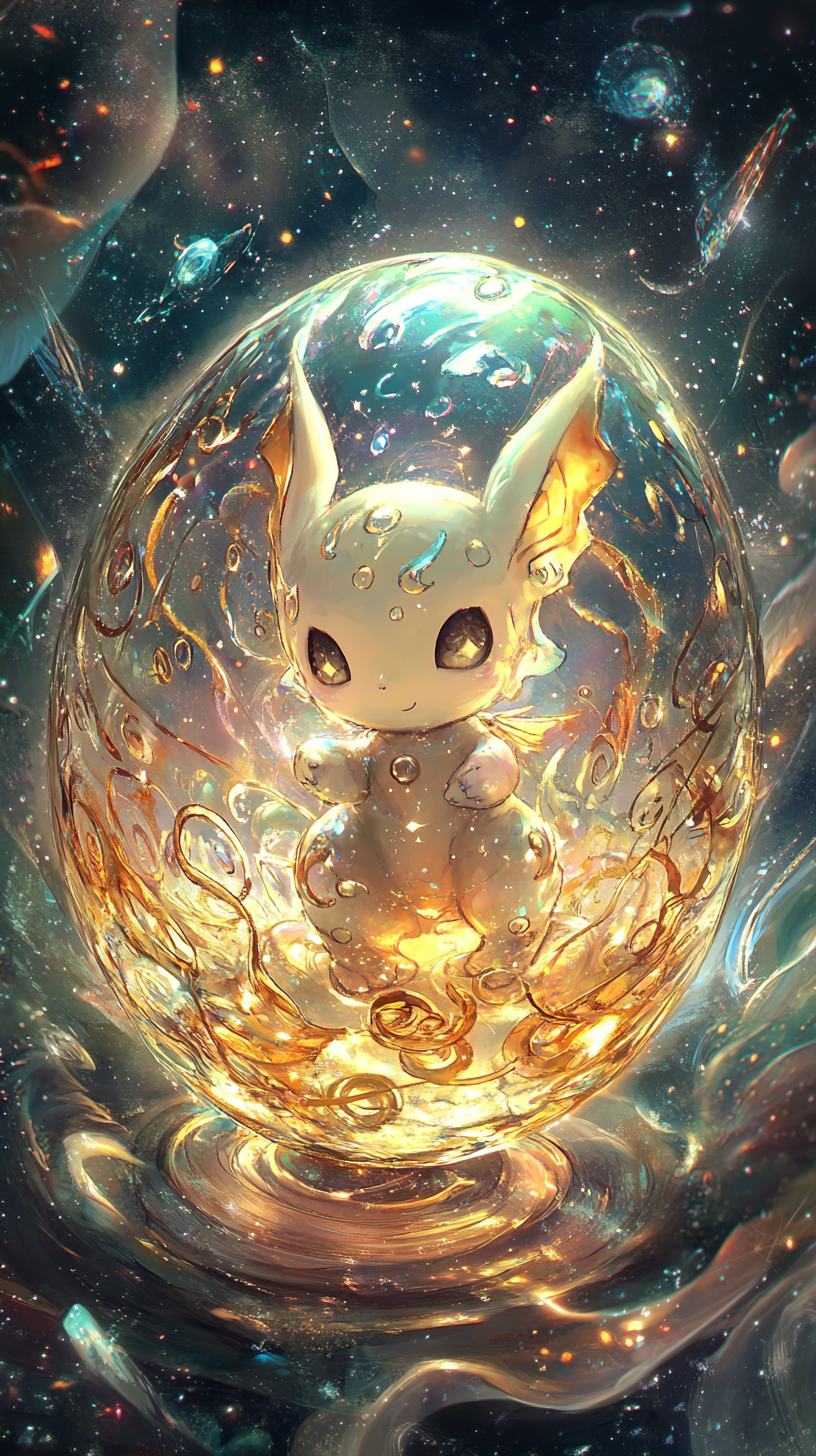 Golden Arceus hatching from celestial egg in cosmic background.