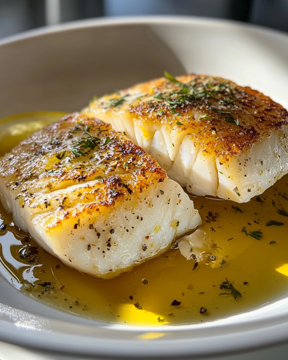 Golden Baked Cod with Lemon in White Bowl