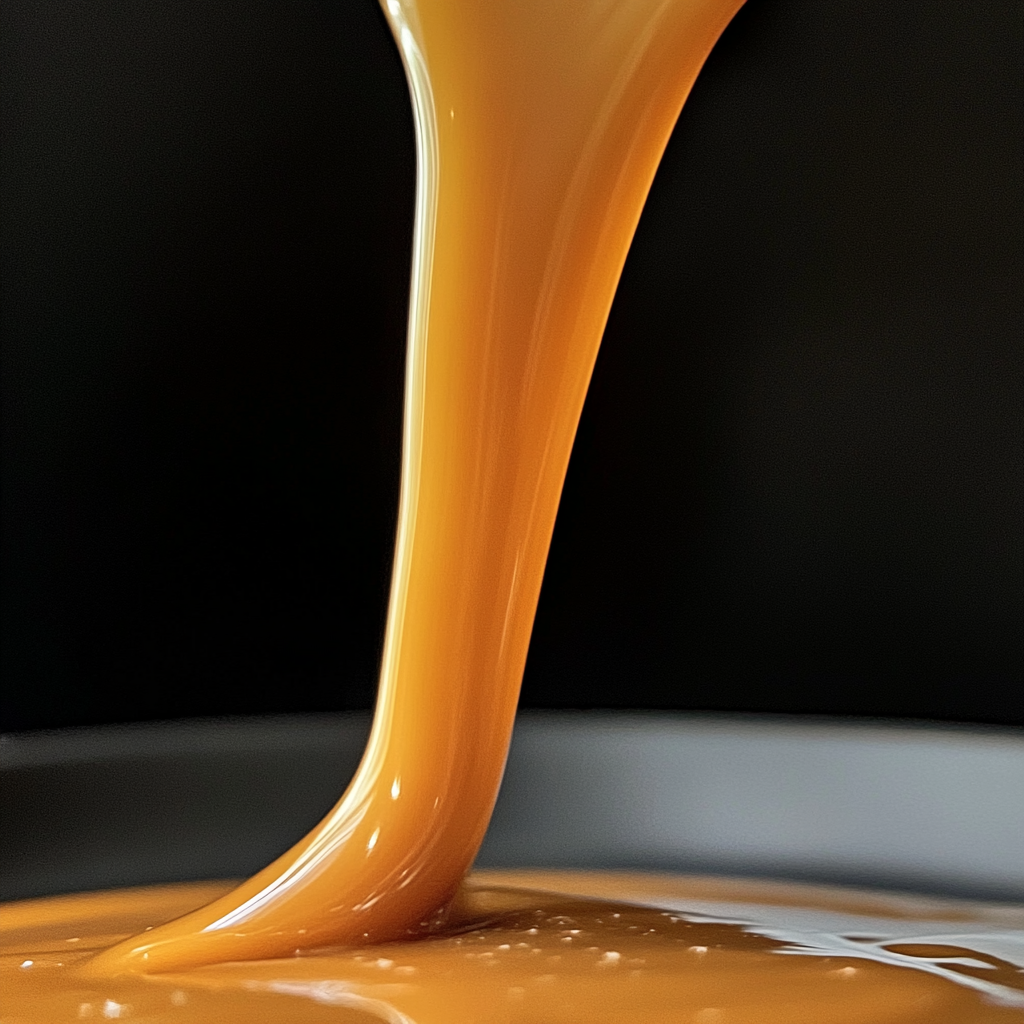 Golden Caramel Pouring into a Black Bowl