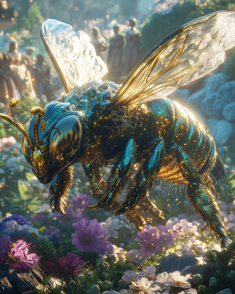 Golden Dragon Bee, shimmering over divine flower field.