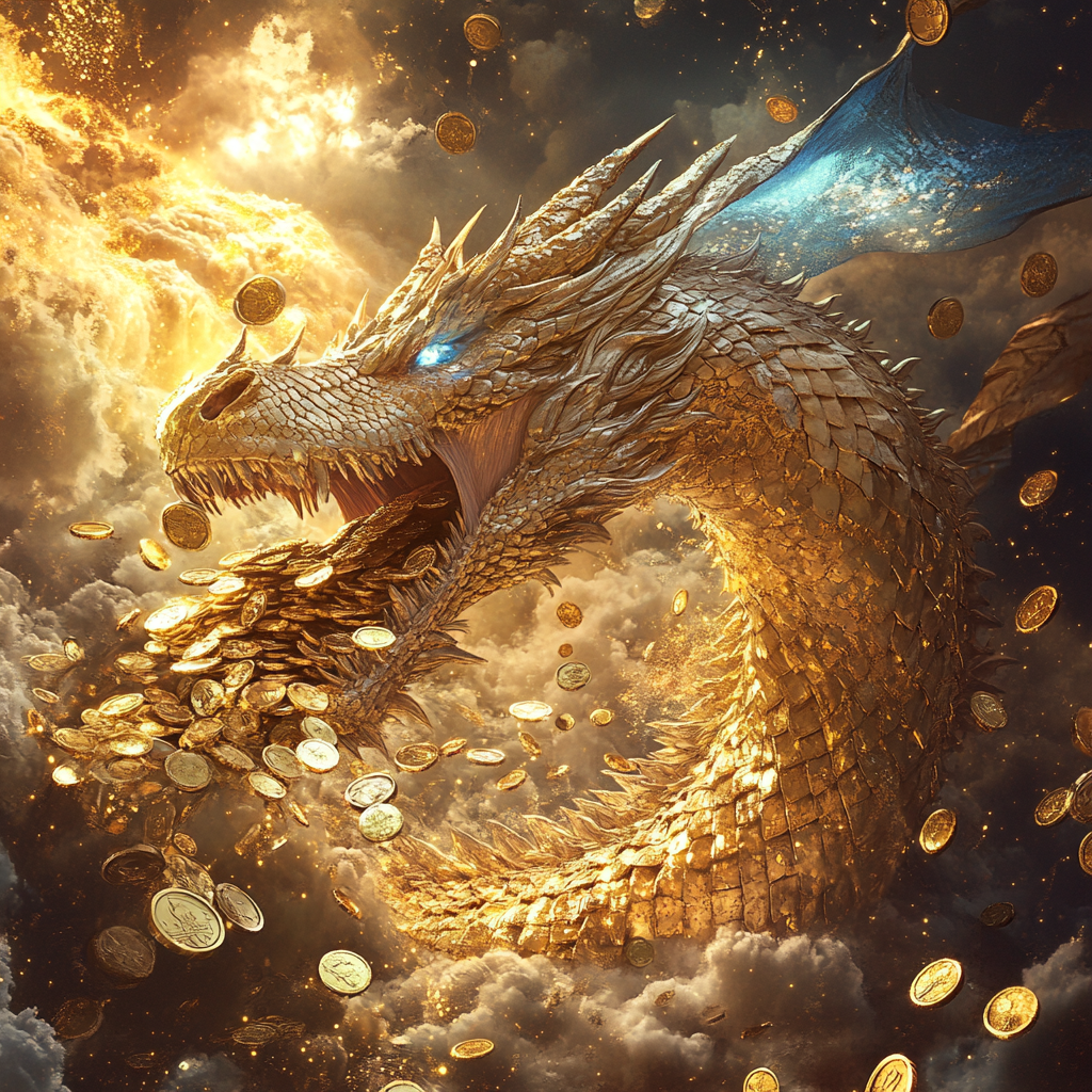 Golden Dragon Showering Coins in Radiant Sky