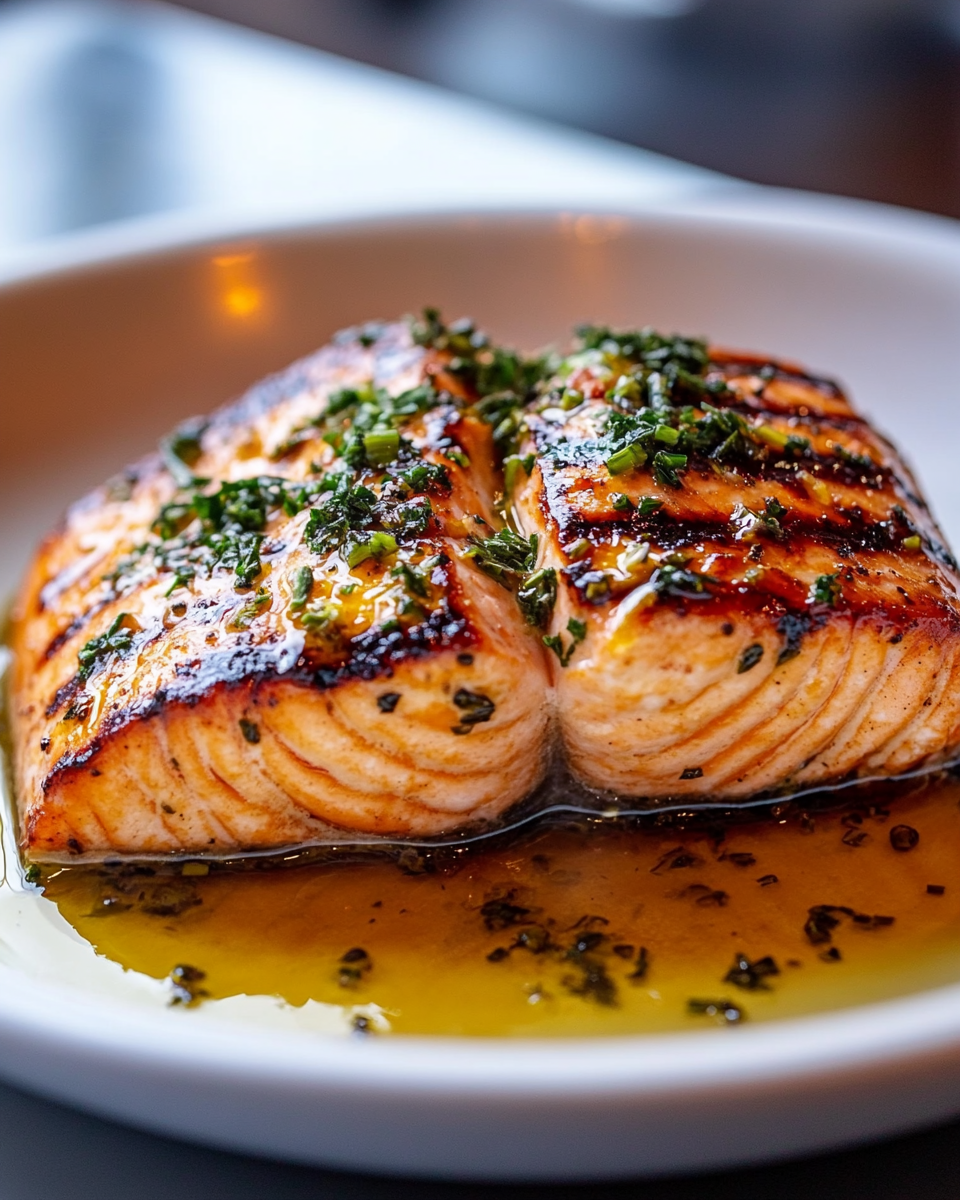 Golden Grilled Salmon in Herb Butter Bowl, Delicious Close-Up.