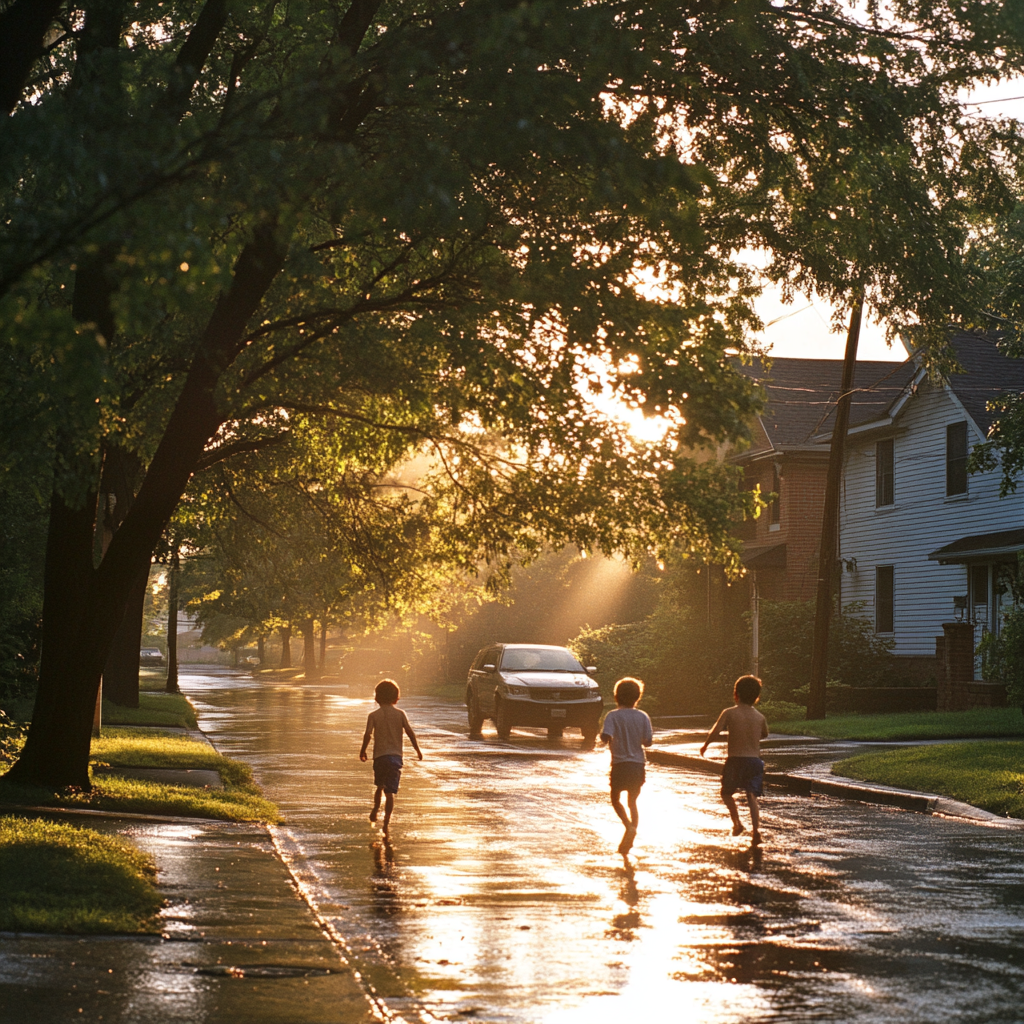 Golden Hour Childhood Play In Suburban Neighborhood