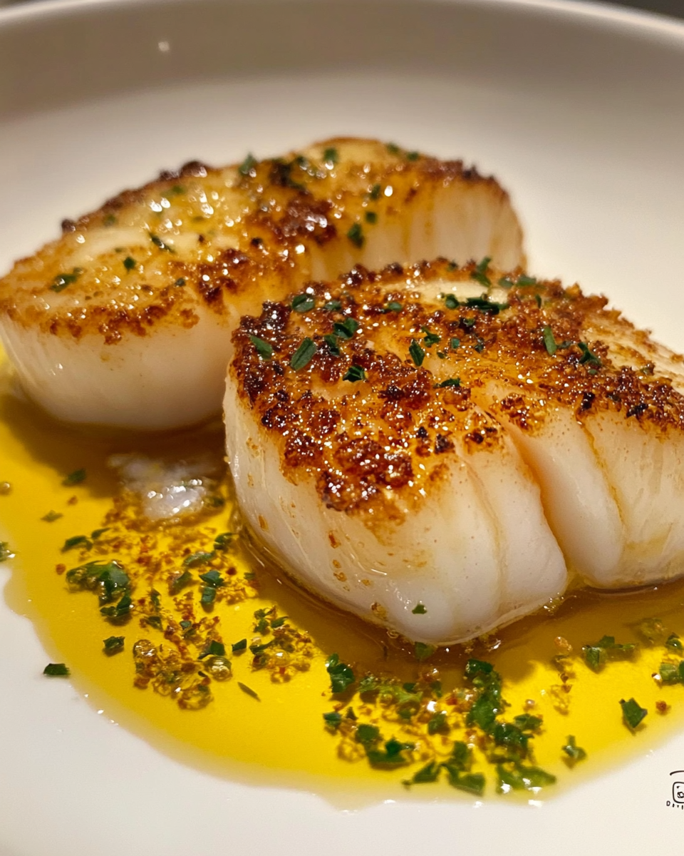 Golden Lemon Butter Scallops in White Bowl, Close-Up.