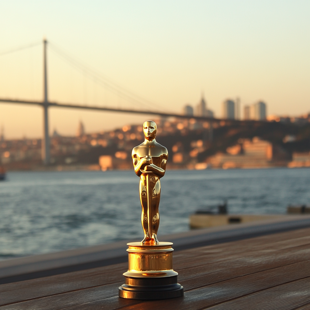 Golden Oscar statue dances on Bosphorus Bridge at sunset.