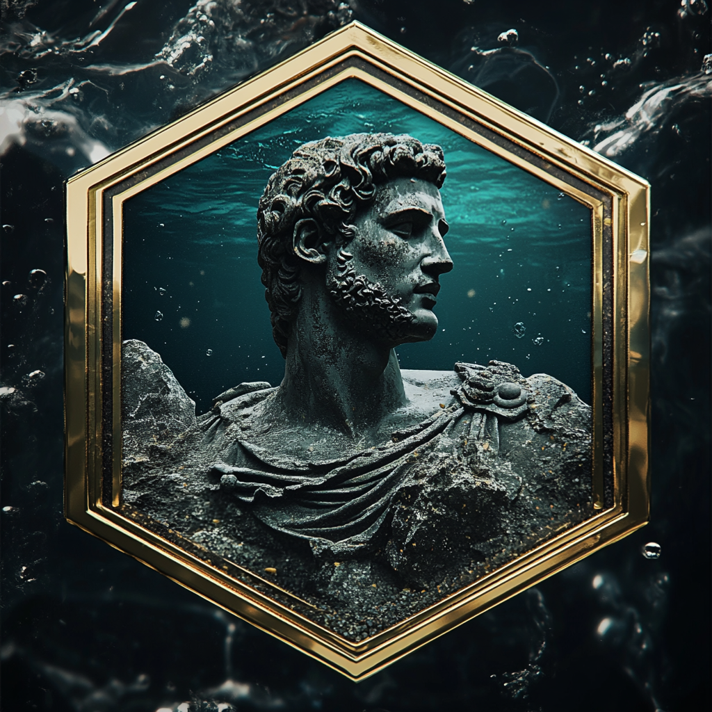 Golden Outlined Badge with Underwater Greek Statue