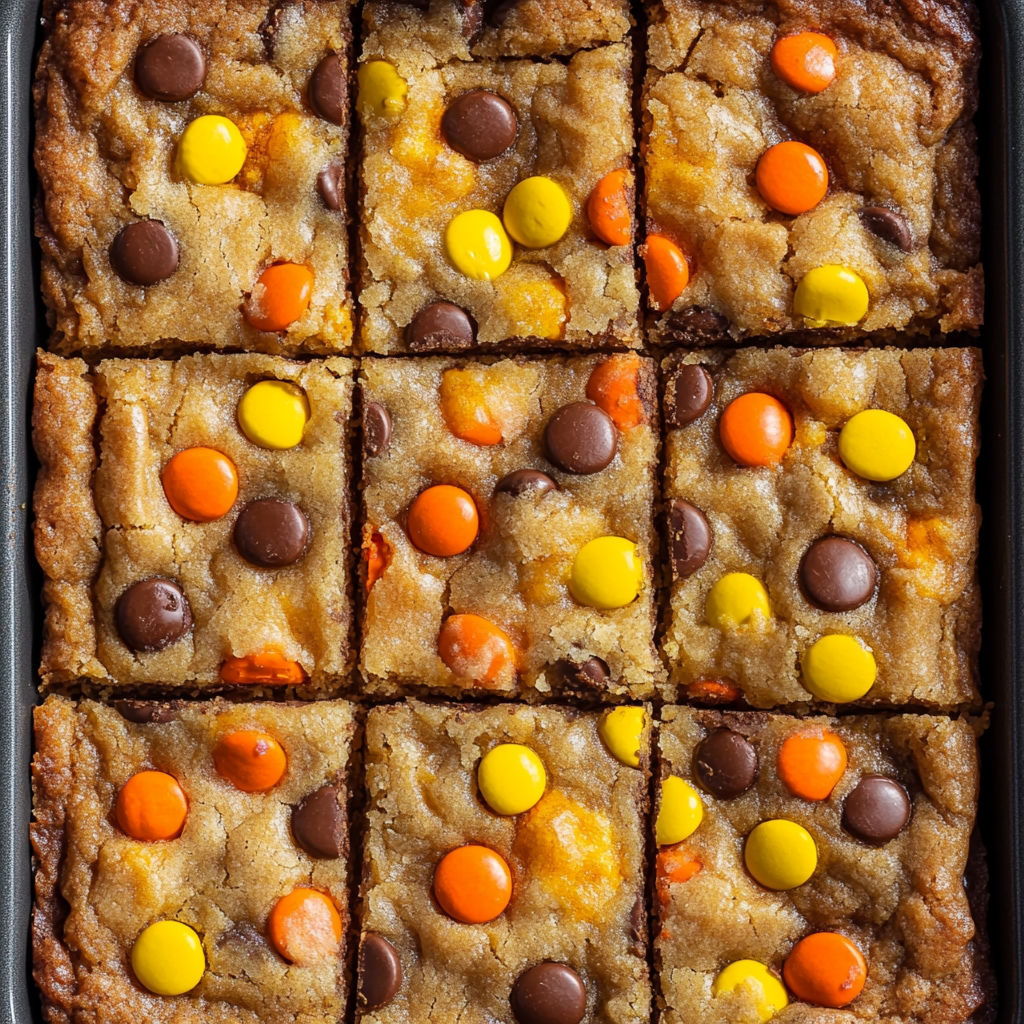 Golden Reese's Pieces Cookie Bars in Baking Pan