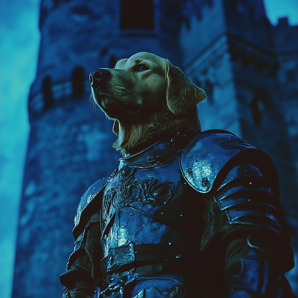 Golden Retriever Knight in Eerie Medieval Castle