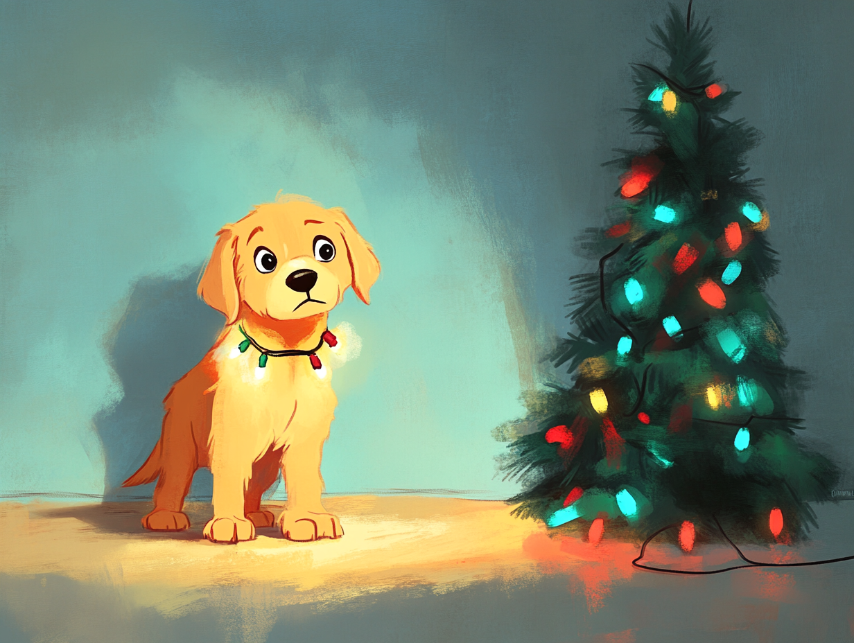 Golden Retriever Puppy tangled in Christmas lights near tree.