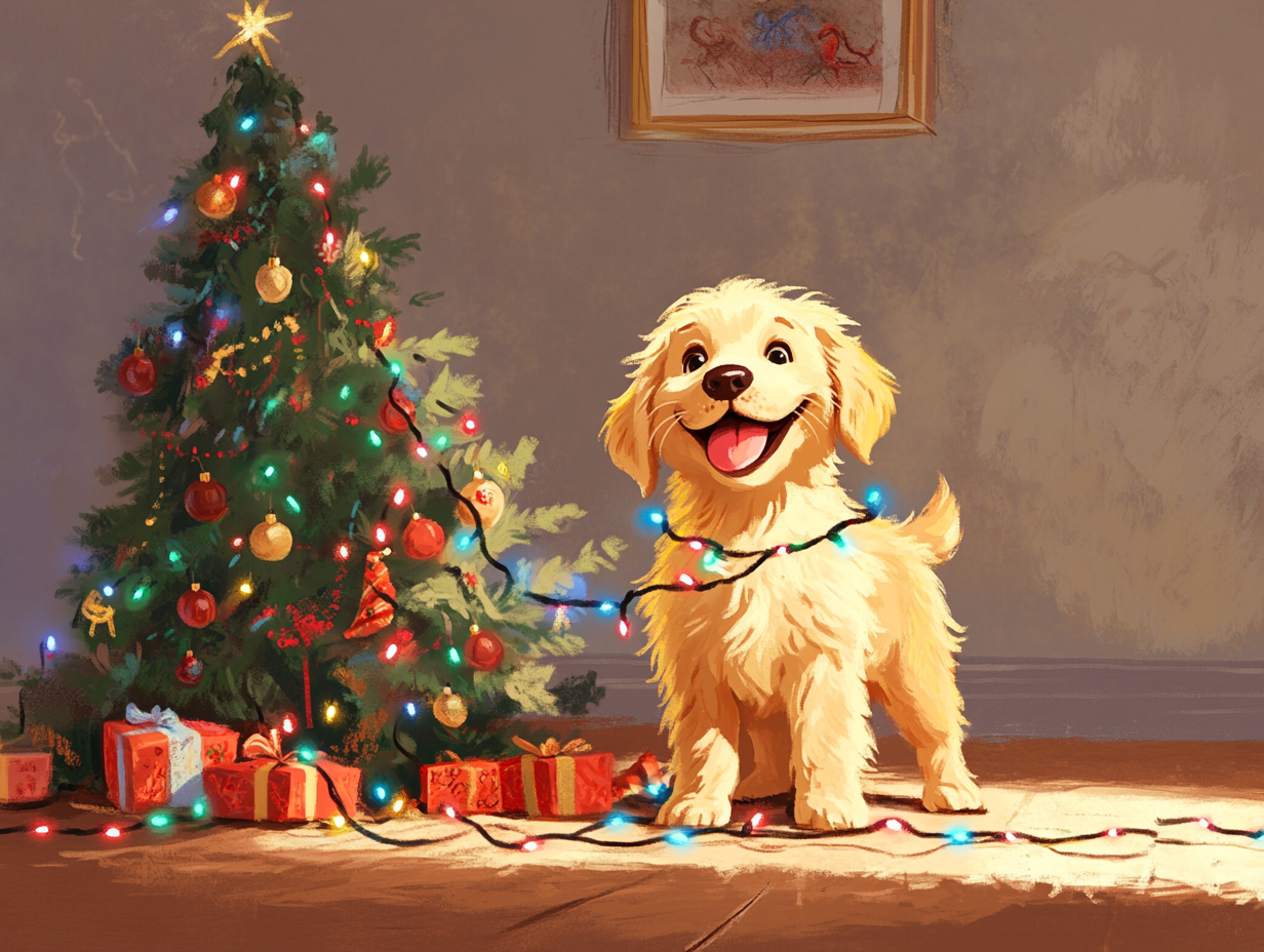 Golden Retriever Puppy with Christmas lights by fallen tree.