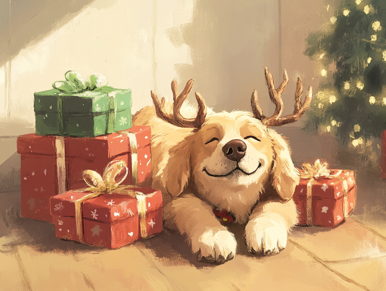 Golden Retriever acting as Grinch stealing Christmas presents.