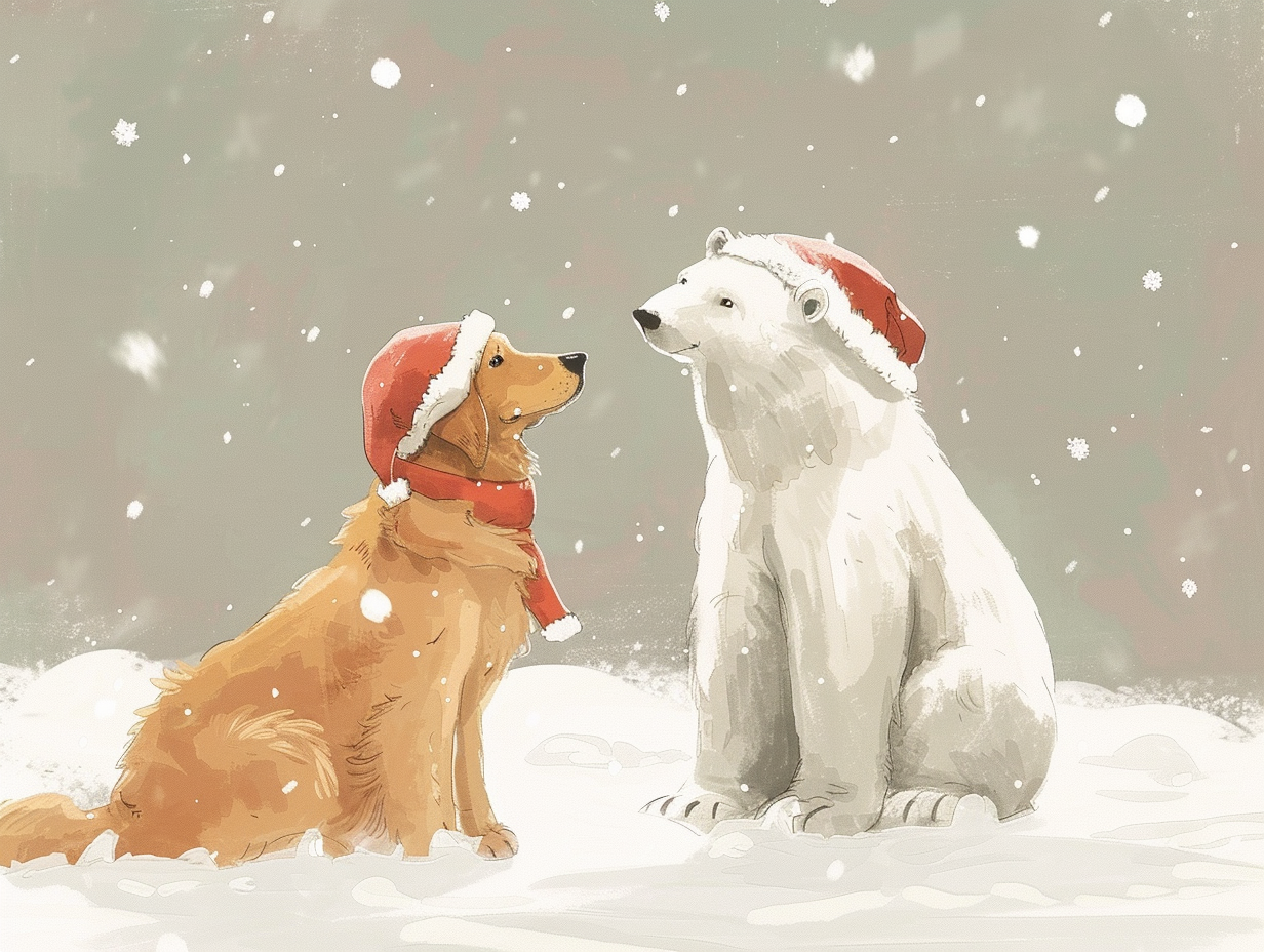 Golden Retriever and Polar Bear in Christmas gear.