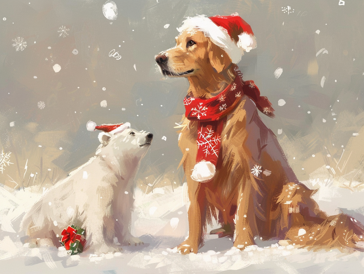 Golden Retriever and Polar Bear in Christmas hats.