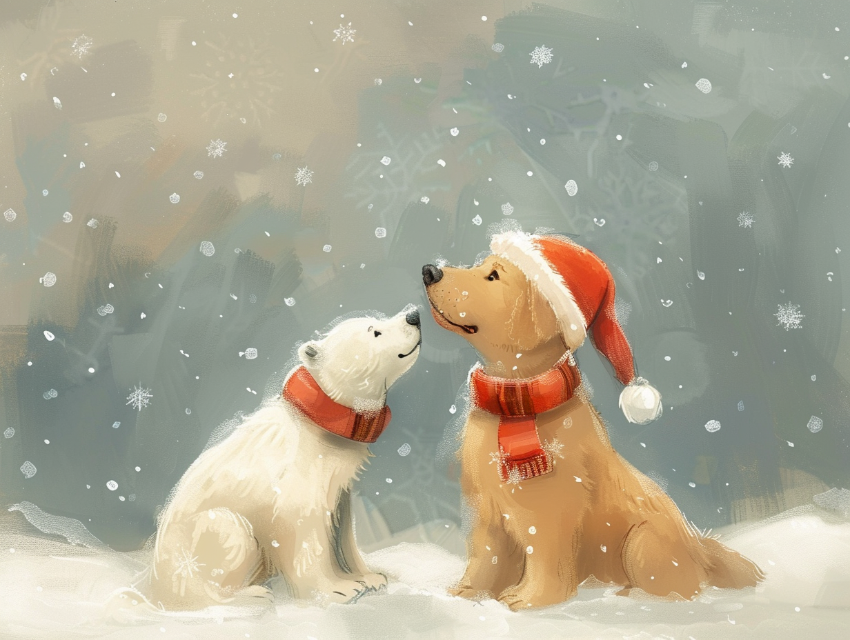 Golden Retriever and Polar Bear in hats and scarves.