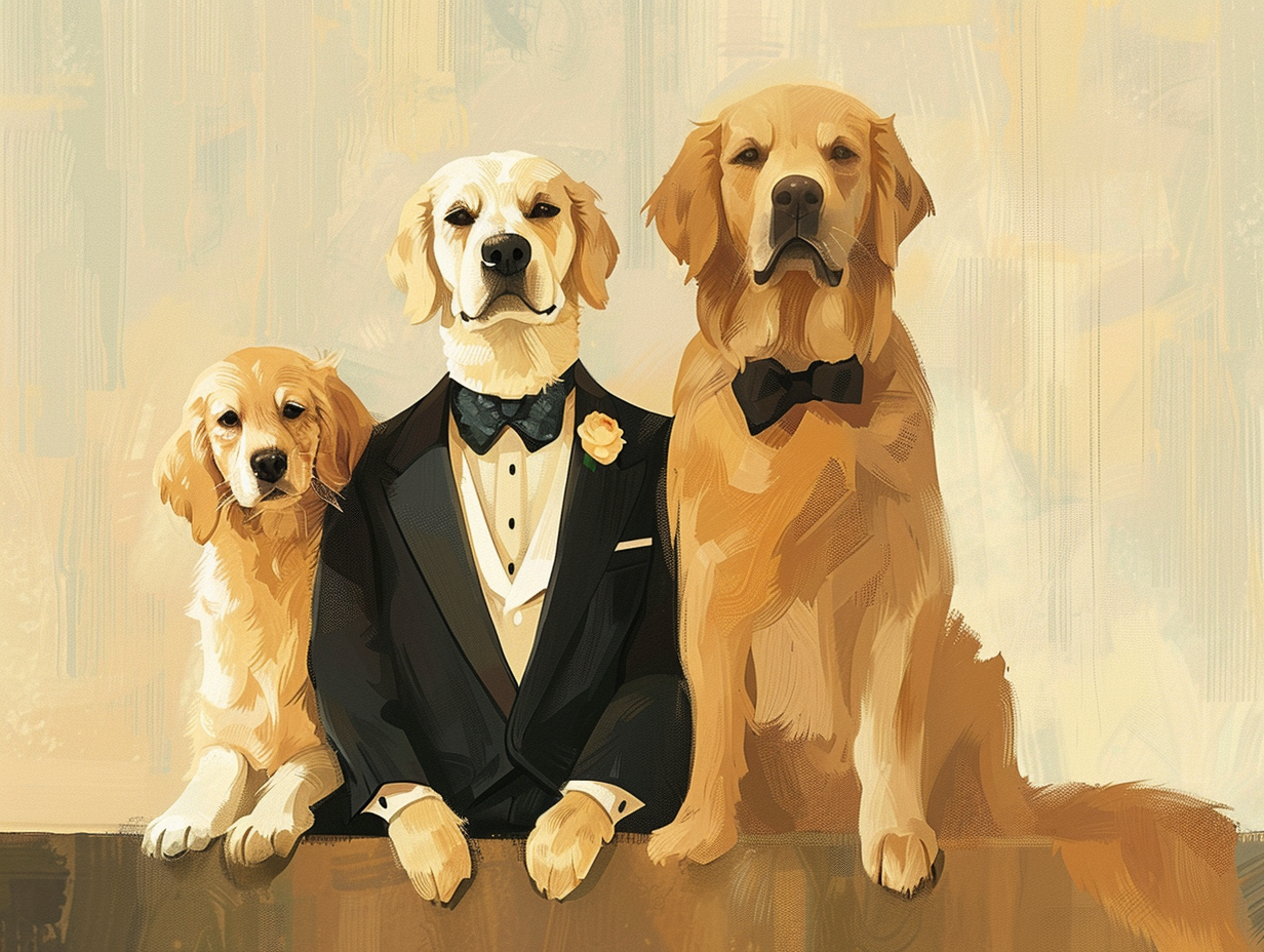 Golden Retriever and girl in tux in soft pastels.